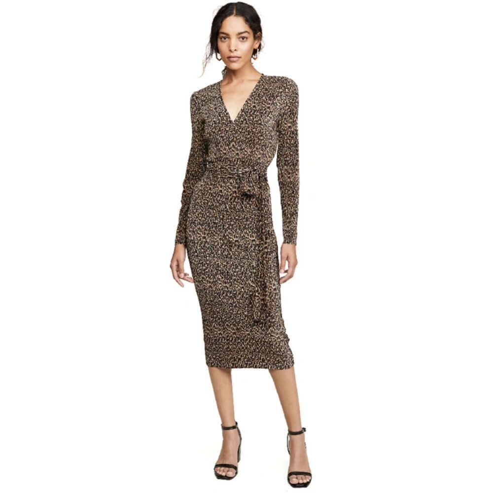 THE FIFTH LABEL Brown Black Long Sleeve Leopard Faux Wrap Midi Dress Size 4